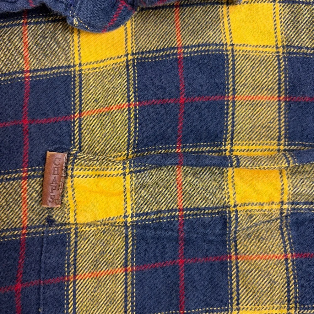 Chaps Performance Mens XLT Tall Flannel Shirt Yellow Navy Blue Plaid Cotton L/S